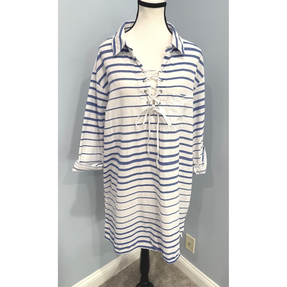Wearabouts Womens XL Blue White Striped Lace Up Cotton Tunic Coverup Dress